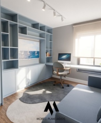 Home office planejado com estante azul, bancada de trabalho e nichos organizados